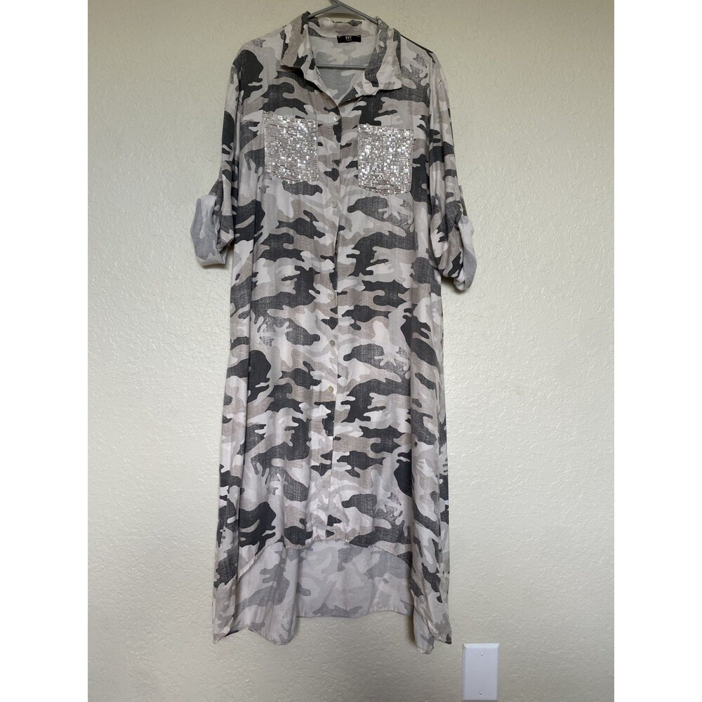 NT by AMATI Gray Camouflage shirt dress with sequin pockets High Low L/XL